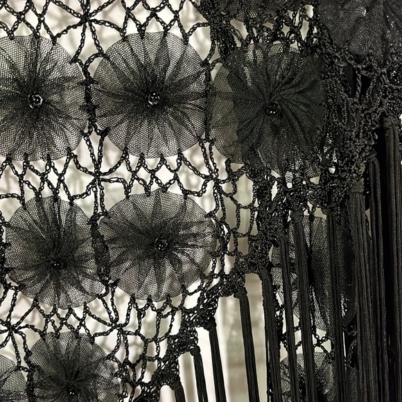 Black Crochet Beaded Floral Fringe Shawl - Picture 15 of 15